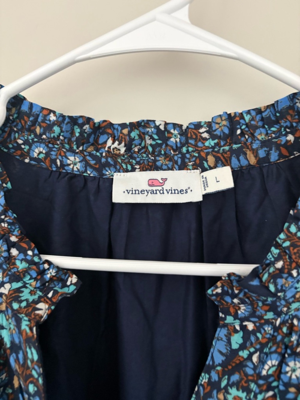 Vineyard Vines Blue and Brown Floral Tiered Long-Sleeve Dress Cotton size L - Picture 5 of 5